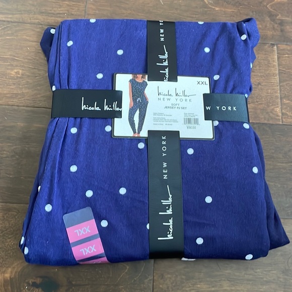 Nicole Miller Womens Jersey Knit Pajama Set Blue Short Sleeve Polka Dot - Picture 2 of 6